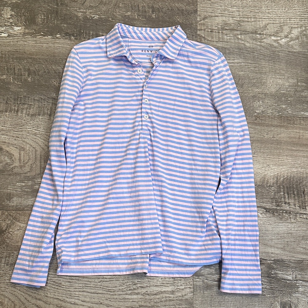 Renwick Women’s Medium Striped Long Sleeve Polo- Blue and White 100% Pima Cotton
